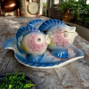 Vintage Kitsch Porcelain Fish Cruet Set 1950s 1960s - 5 Piece Set Tray Japan
